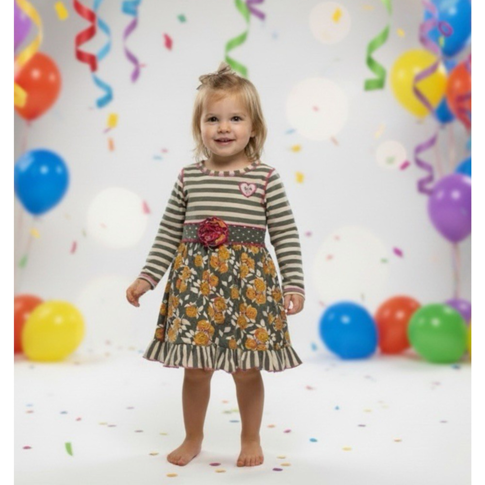 Ann Loren Toddler Dress 2T 3T Floral Ruffle Twirl Long Striped Sleeve Boutique